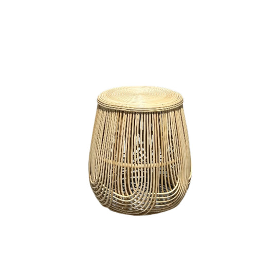 Round rattan side table shown against white background.