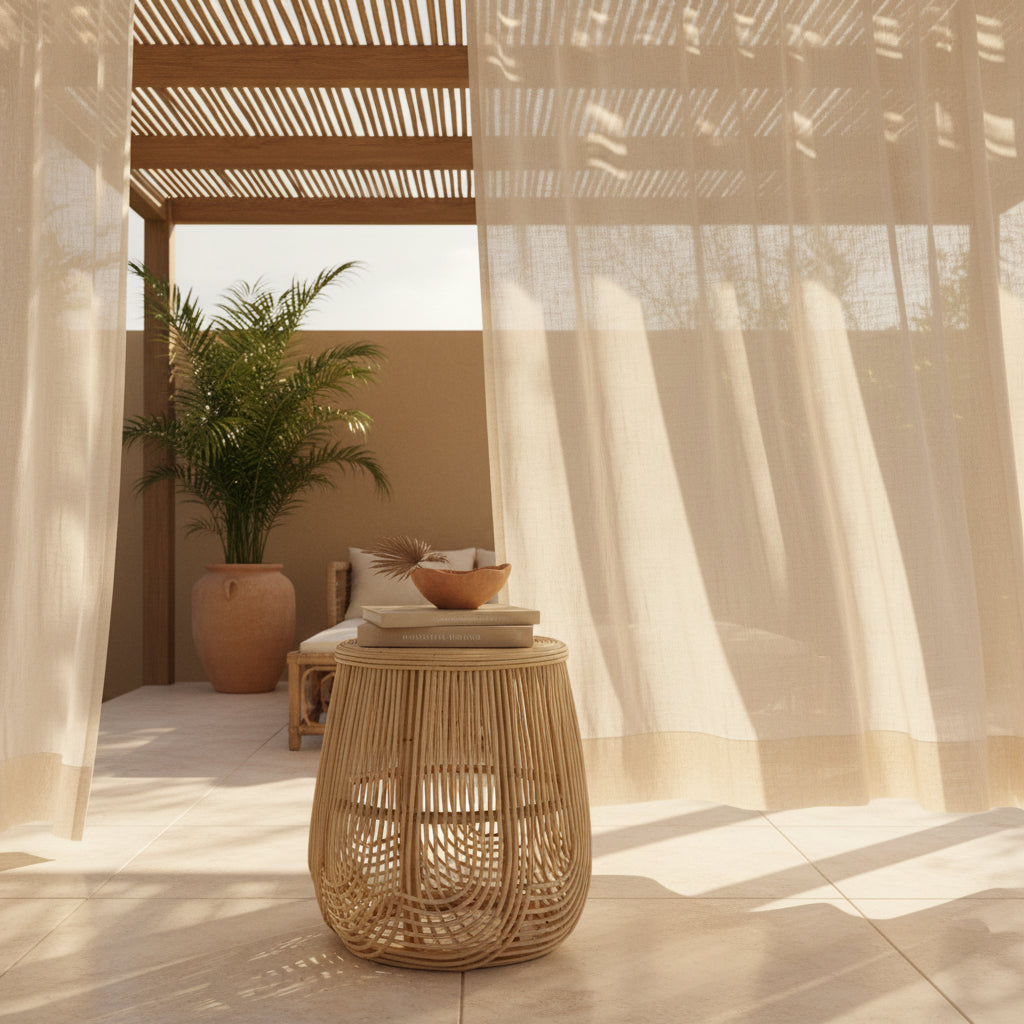 A round rattan side table in a patio area with soft light and billowing white curtains.