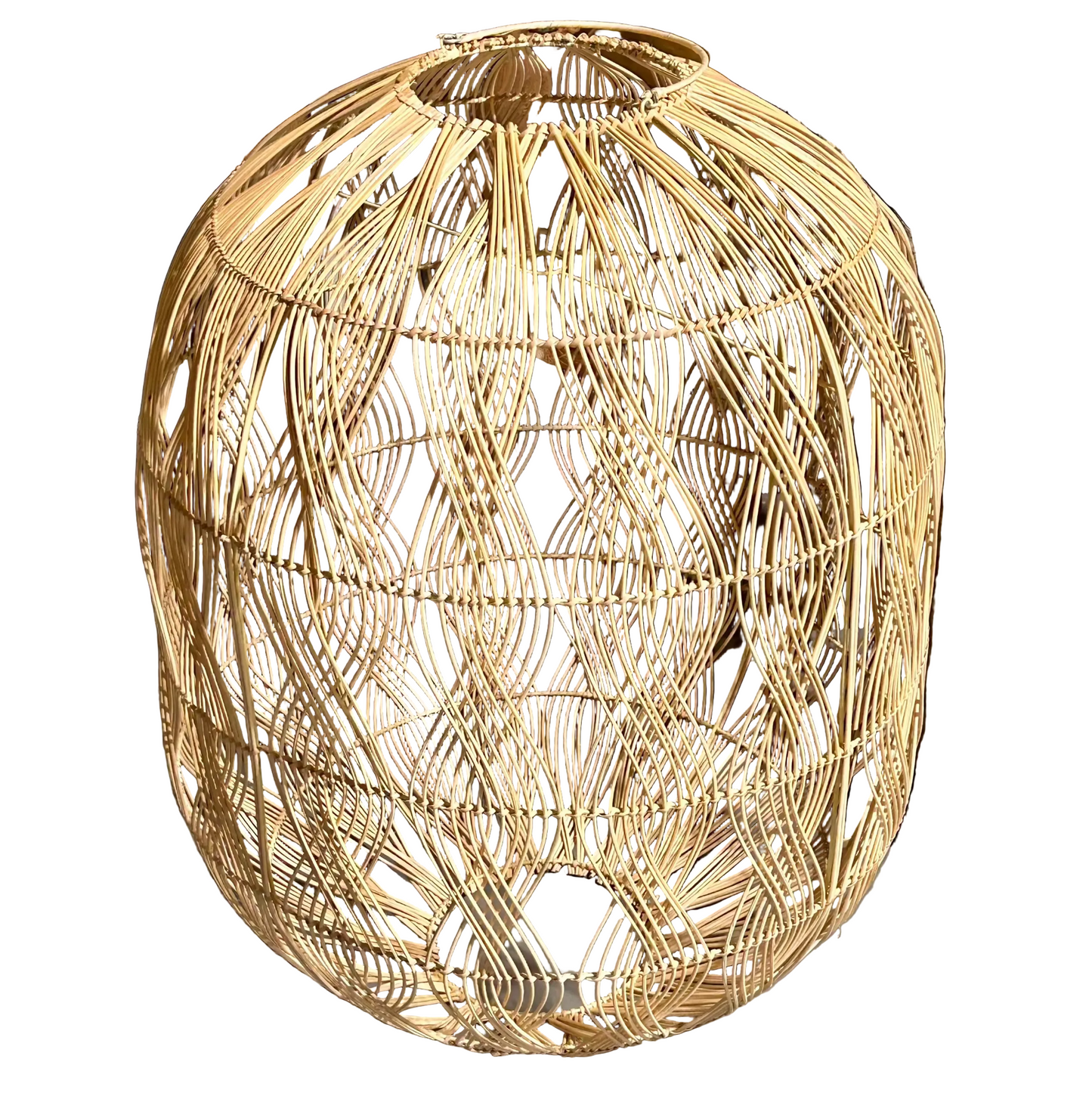 Natural coloured rattan woven pendant with a vertical wave pattern on a white background