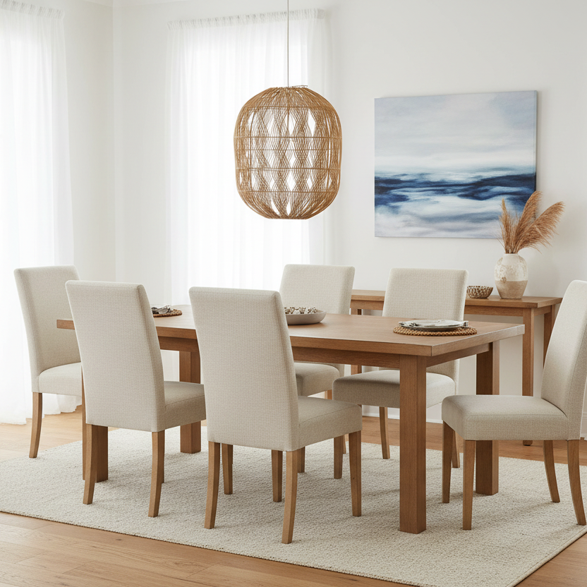 Dining room with wooden table and beige chairs, light streaming through curtains with a single Rattan wave pendant light featured over the dining table.