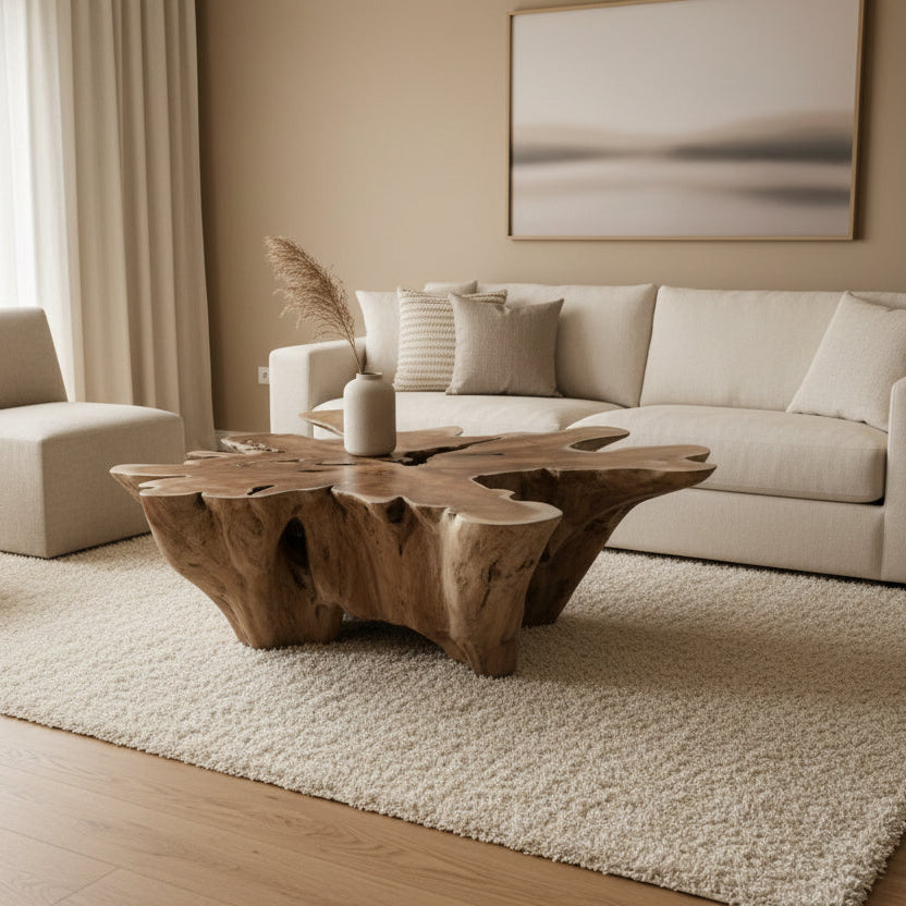 A teak root coffee table with an organic, irregular shape, featuring a natural brown finish.