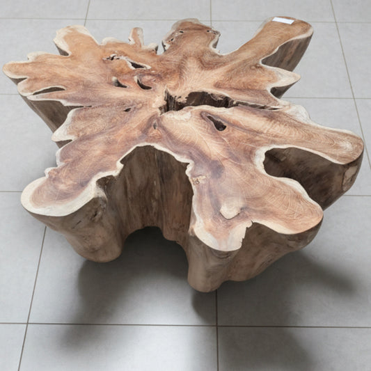 Top and side image of a teak root coffee table image on its own with plain background