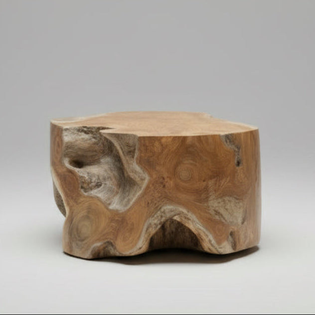 Close-up of a large, rounded teak root side table with natural pattern and shape.