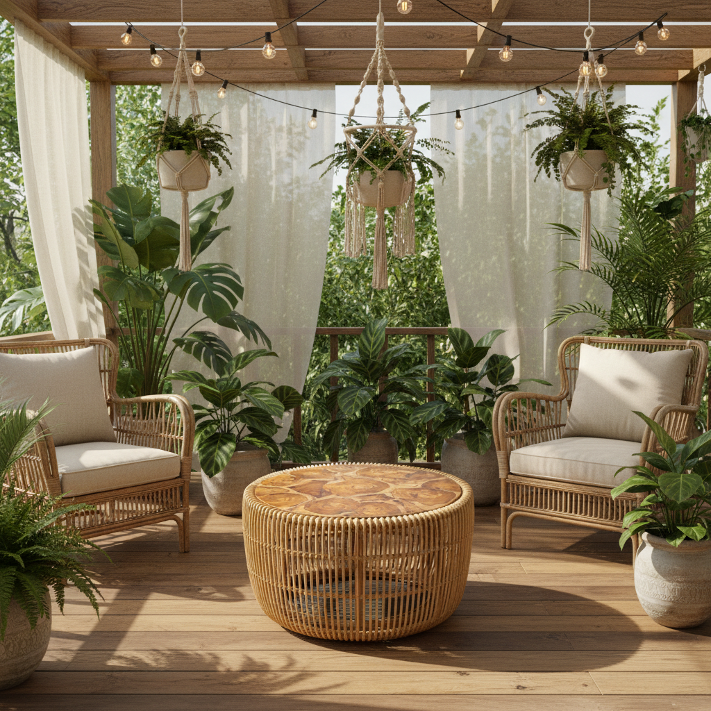Outdoor patio with wicker furniture, plants, and string lights on a wooden deck.