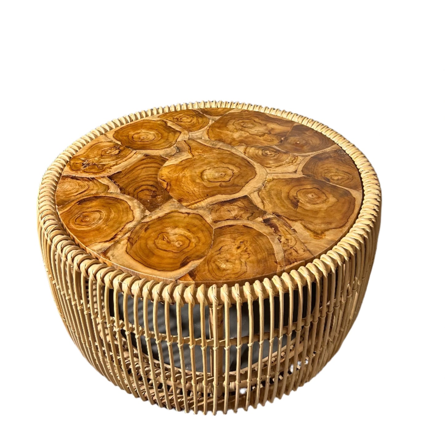 A round rattan coffee table with a teak wood inlaid top and a visible jigsaw puzzle design.