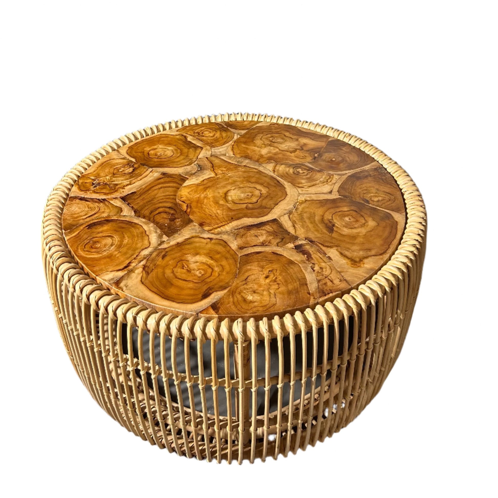 A round rattan coffee table with a teak wood inlaid top and a visible jigsaw puzzle design.