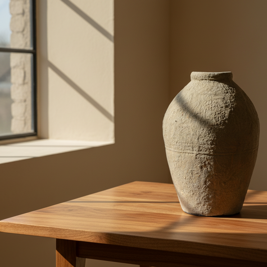 Textured pot on a wooden table with sunlight casting shadows