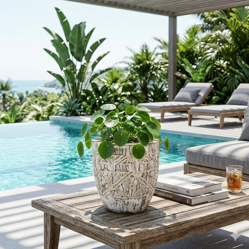 Potted plant in the Kassai Tribal pot on a wooden table by a pool with lounge chairs and ocean view