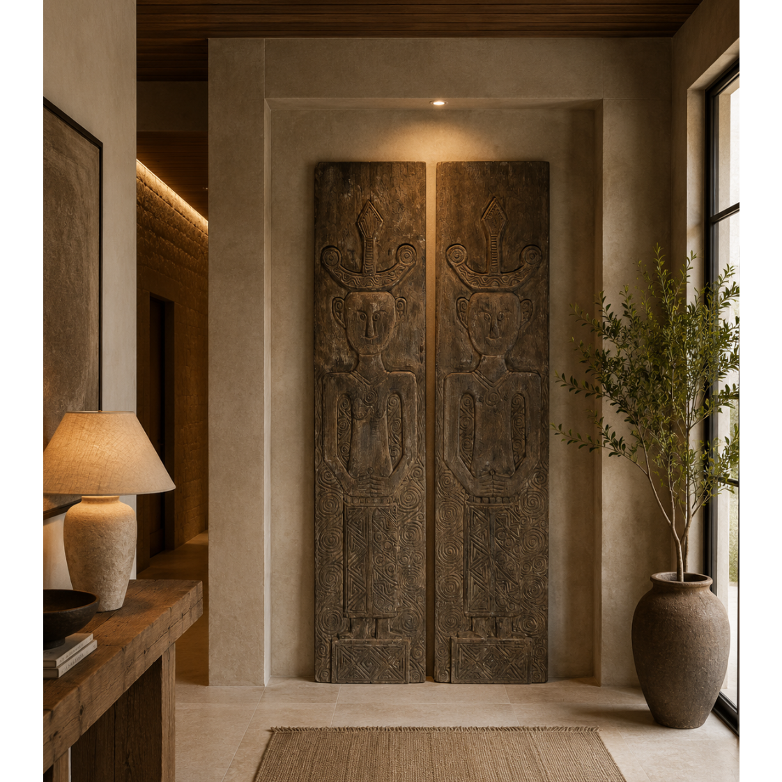 Pair of hand-carved timber tribal wall panels, known as The Kinship Panels, depicting husband and wife figures with intricate geometric and spiral carvings, ideal for statement foyer or commercial interiors.