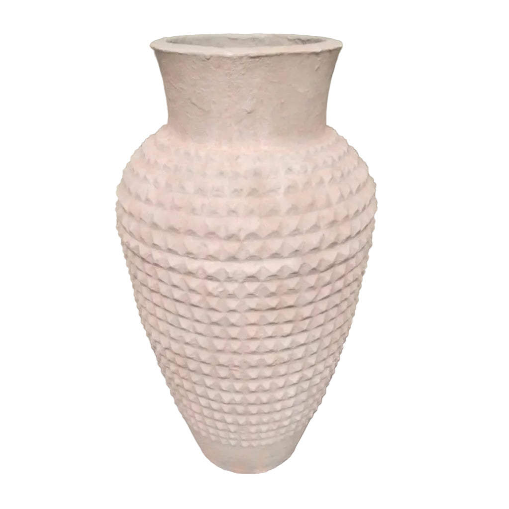An 80cm tall, tapered floor vase made of light grey cement-fibre resin. The surface is covered in a repetitive, hand-textured studded pattern with a smooth flared rim at the top.