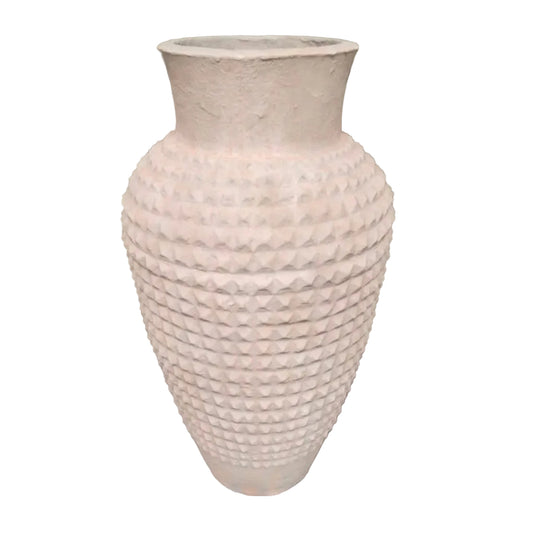 An 80cm tall, tapered floor vase made of light grey cement-fibre resin. The surface is covered in a repetitive, hand-textured studded pattern with a smooth flared rim at the top.