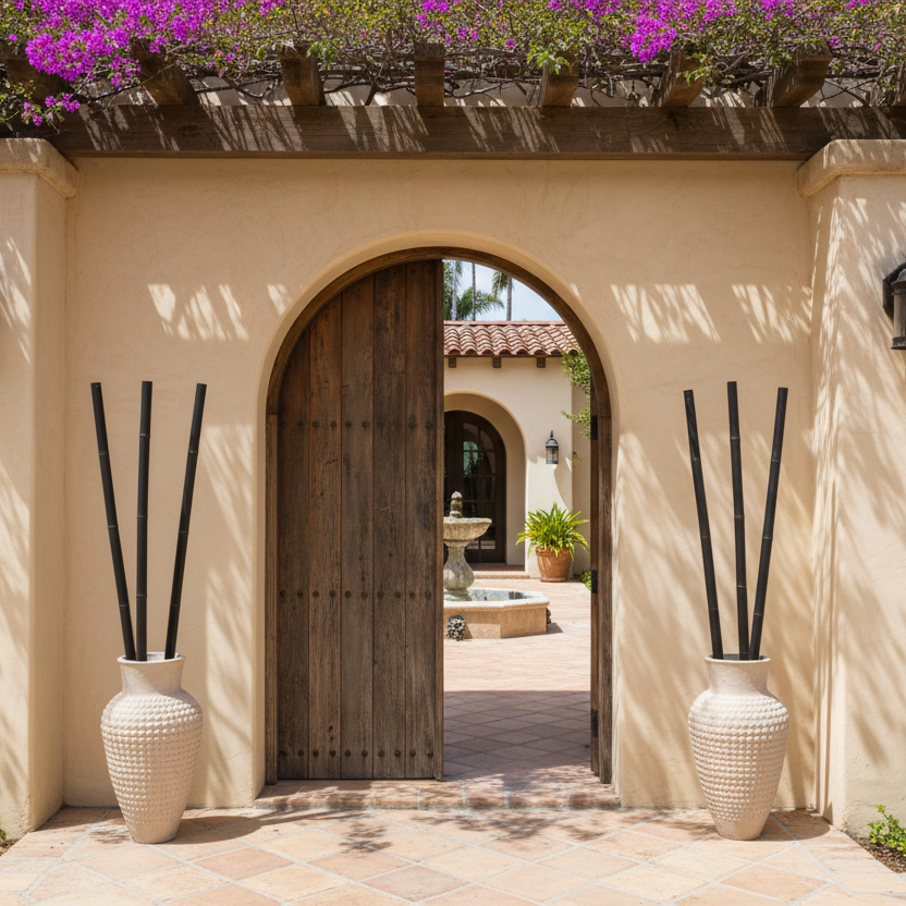 Two large studded artisan pots frame a doorway leading to a paved patio area