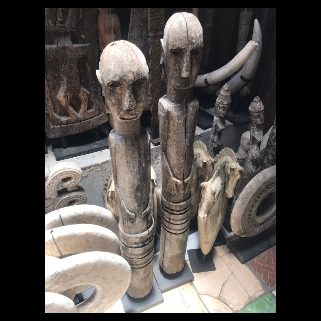 Two tall, hand-carved wooden Timor ancestor statues on black museum stands, measuring 107cm and 112cm, featuring primitive faces and weathered wood.