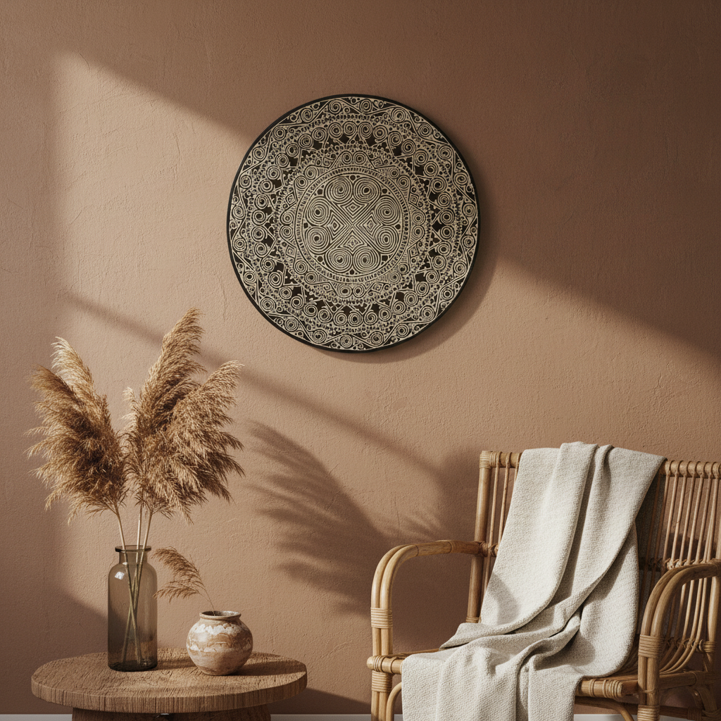 Toraja mandala disc hanging on a wall next to a rattan seat with a beige throw and timber side table.