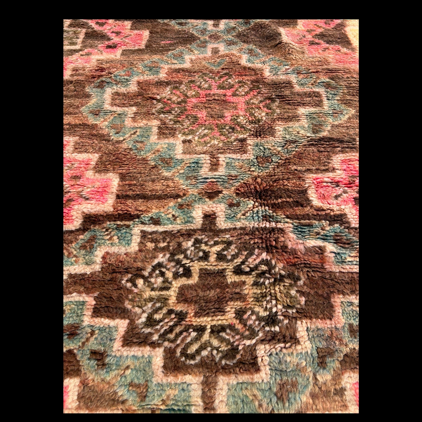 Vintage Boujaad Rug Talisman Path close-up of pattern with brown, pink, and blue colours.