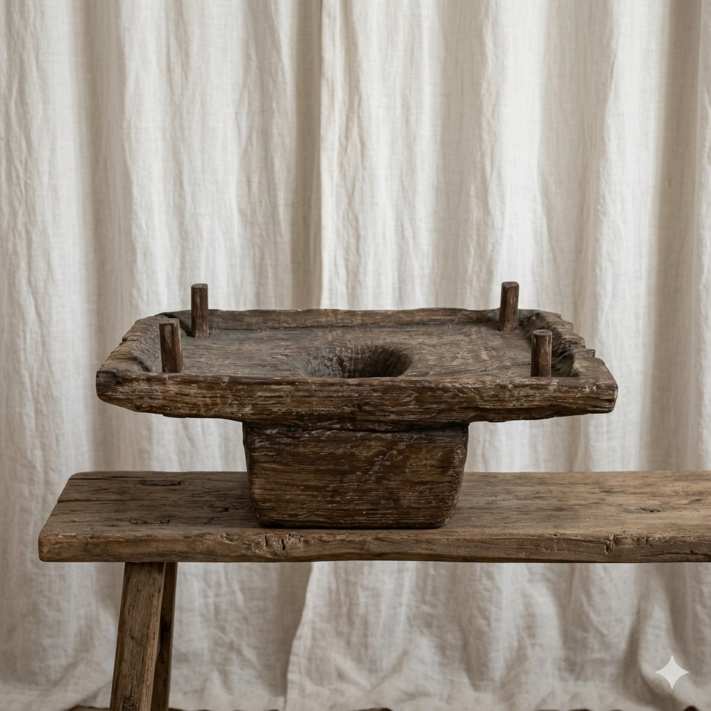 Vintage wooden spice grinder on a wooden bench seat with a plain background