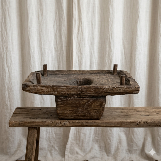 Vintage wooden spice grinder on a wooden bench seat with a plain background
