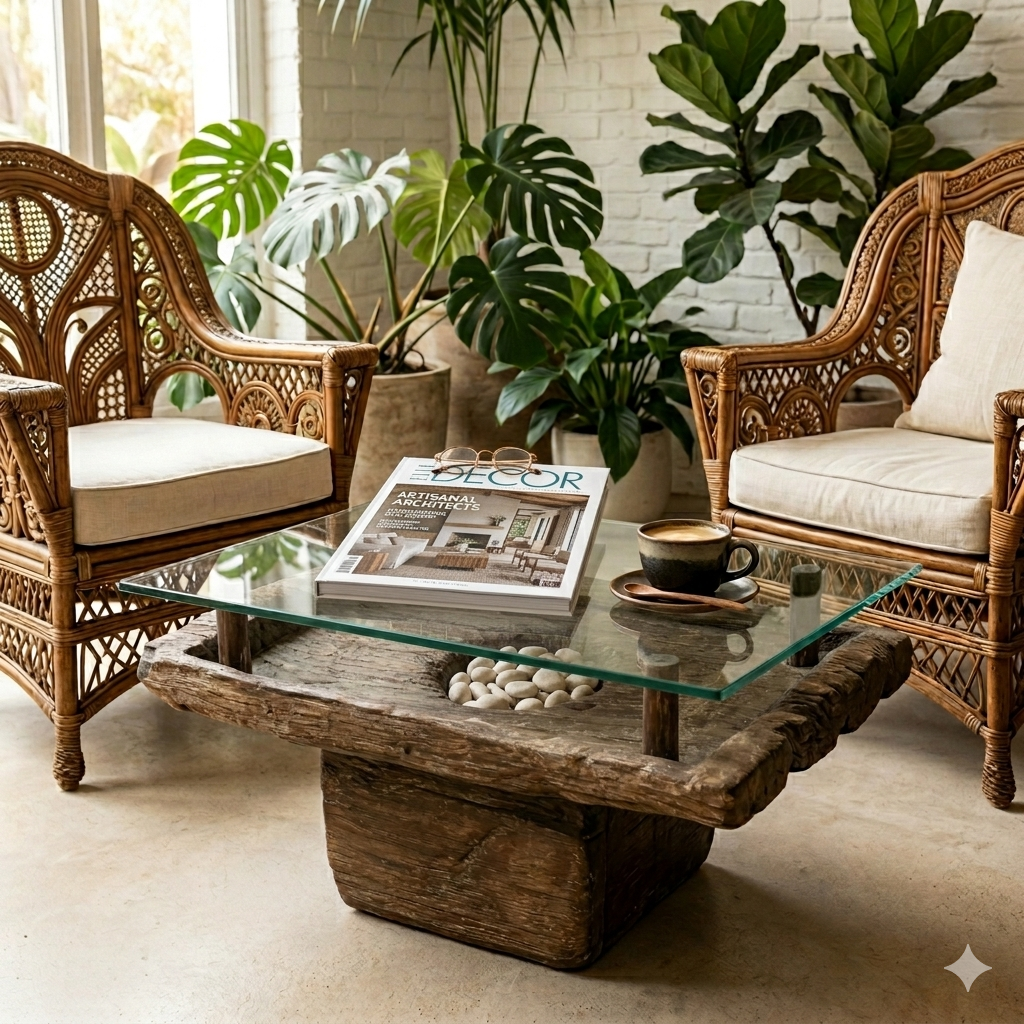 Ai image of rectangular shaped vintage Indonesian Spice Grinder in a sunroom with ornate rattan chairs and potted plants in the background all by a glass window.