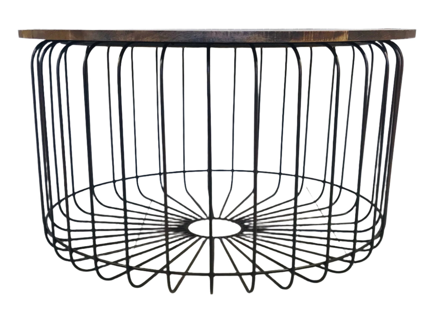 Side profile of wooden topped coffee table with metal frame