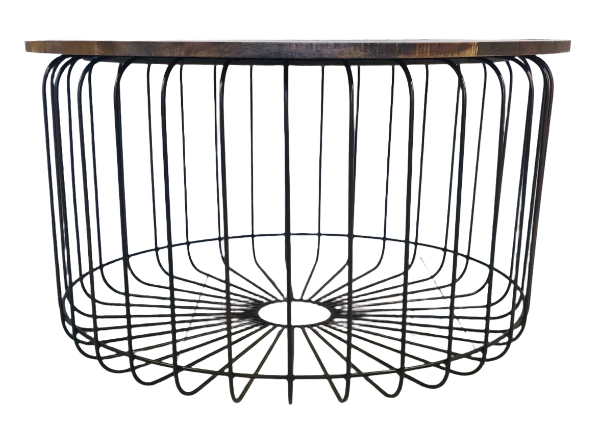 Side profile of wooden topped coffee table with metal frame