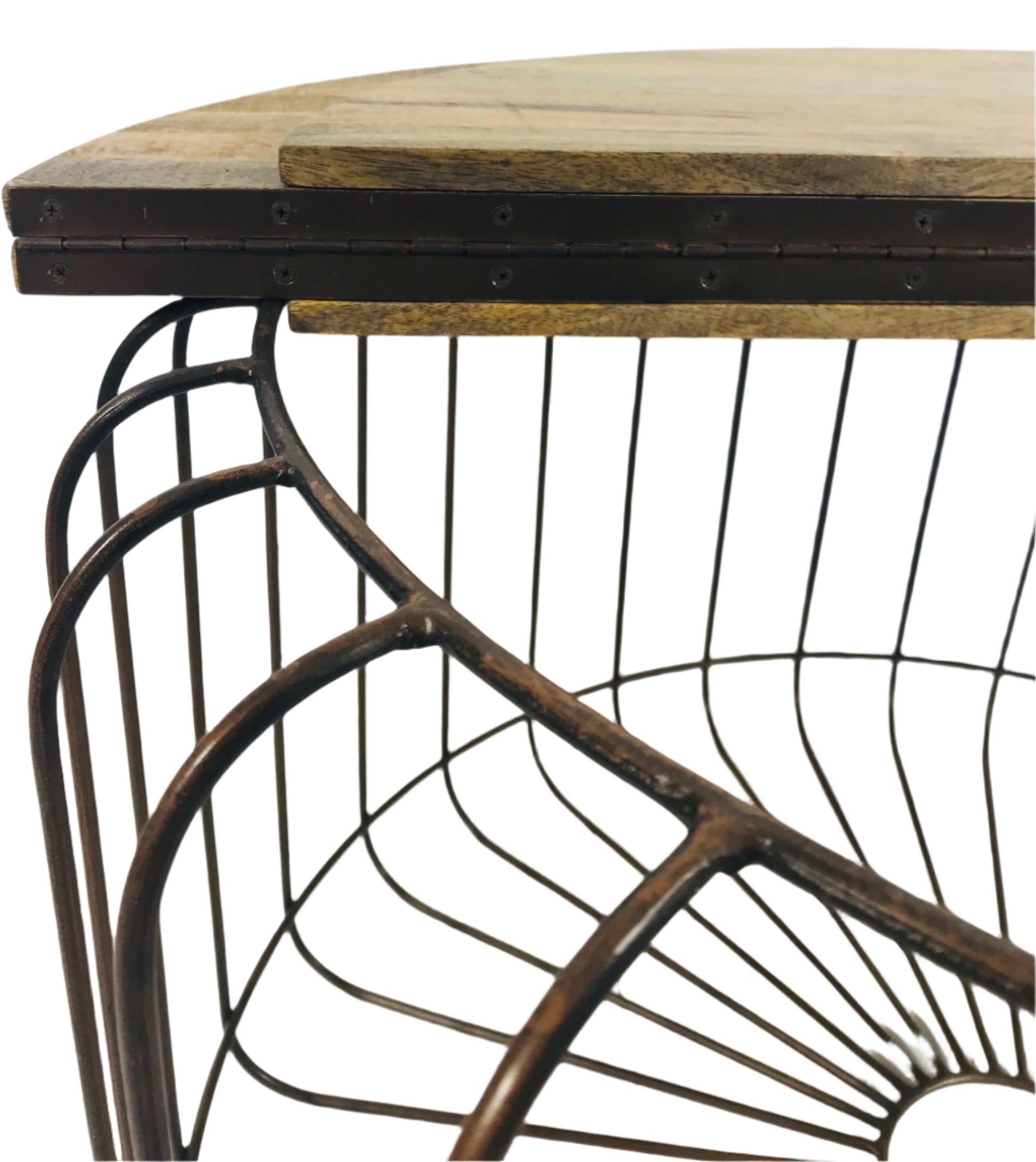 Close up image of hinged wooden topped coffee table with half of the top open, on a metal base.
