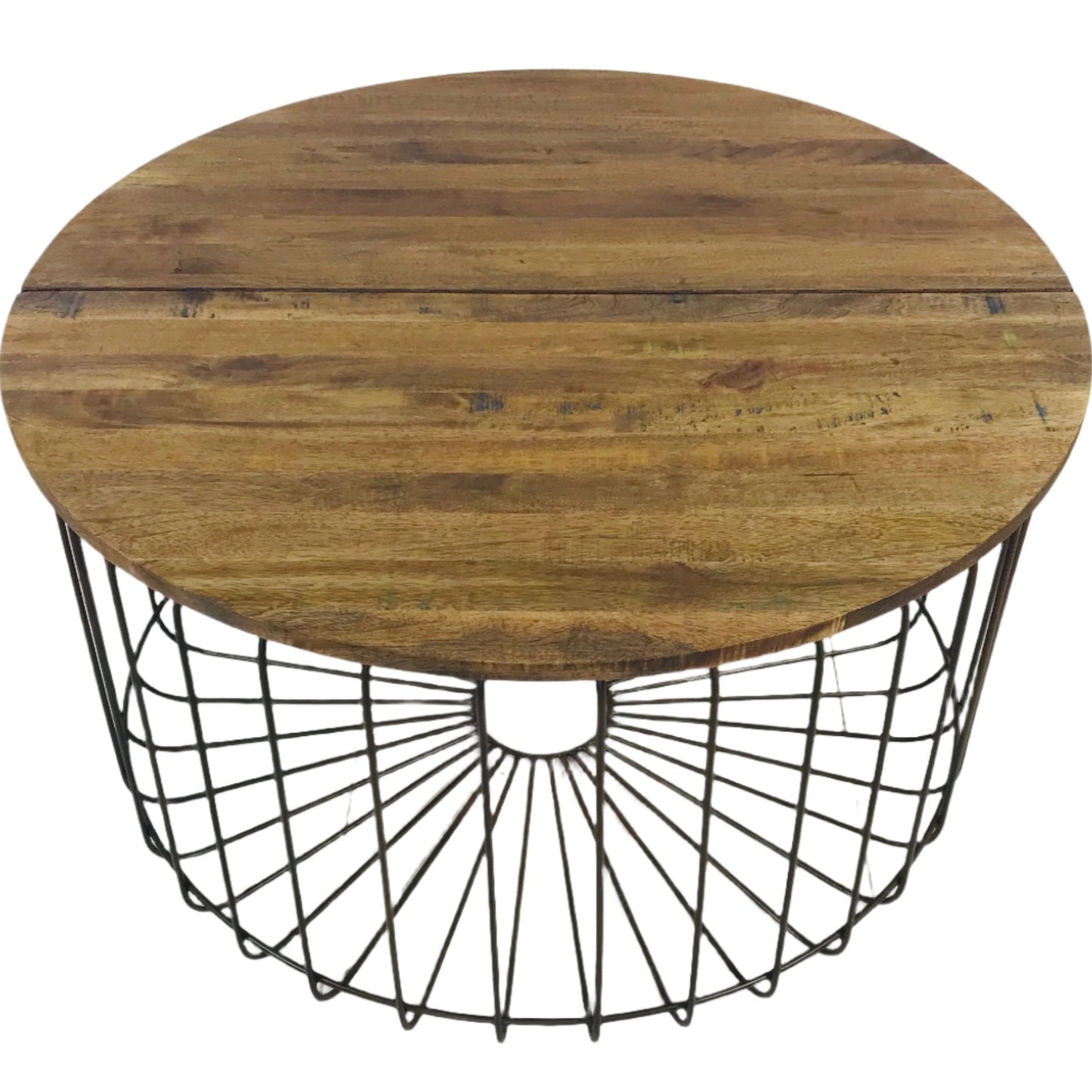 A round coffee table with a natural timber tabletop and a bronzed metal base, with a geometric pattern.