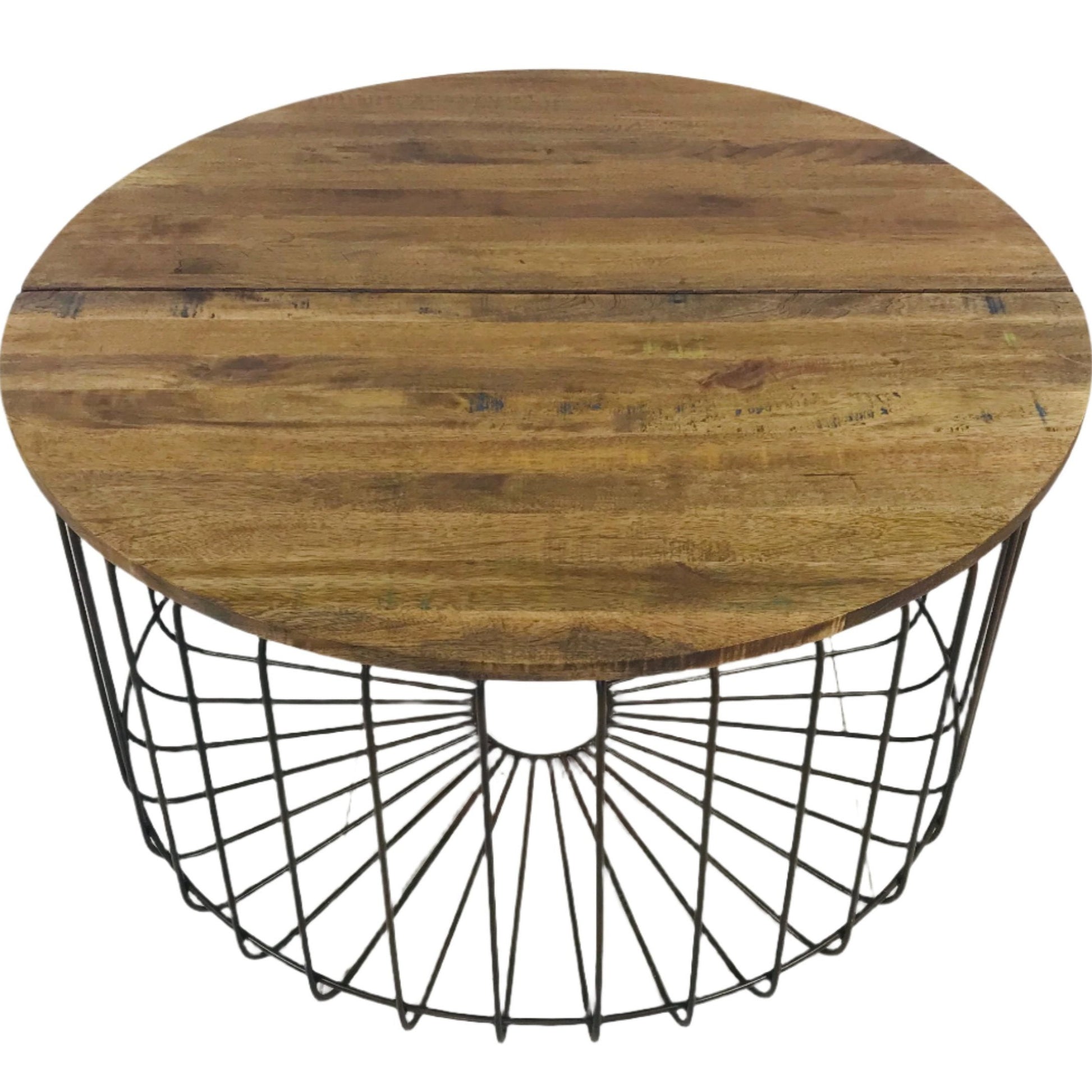 A round coffee table with a natural timber tabletop and a bronzed metal base, with a geometric pattern.