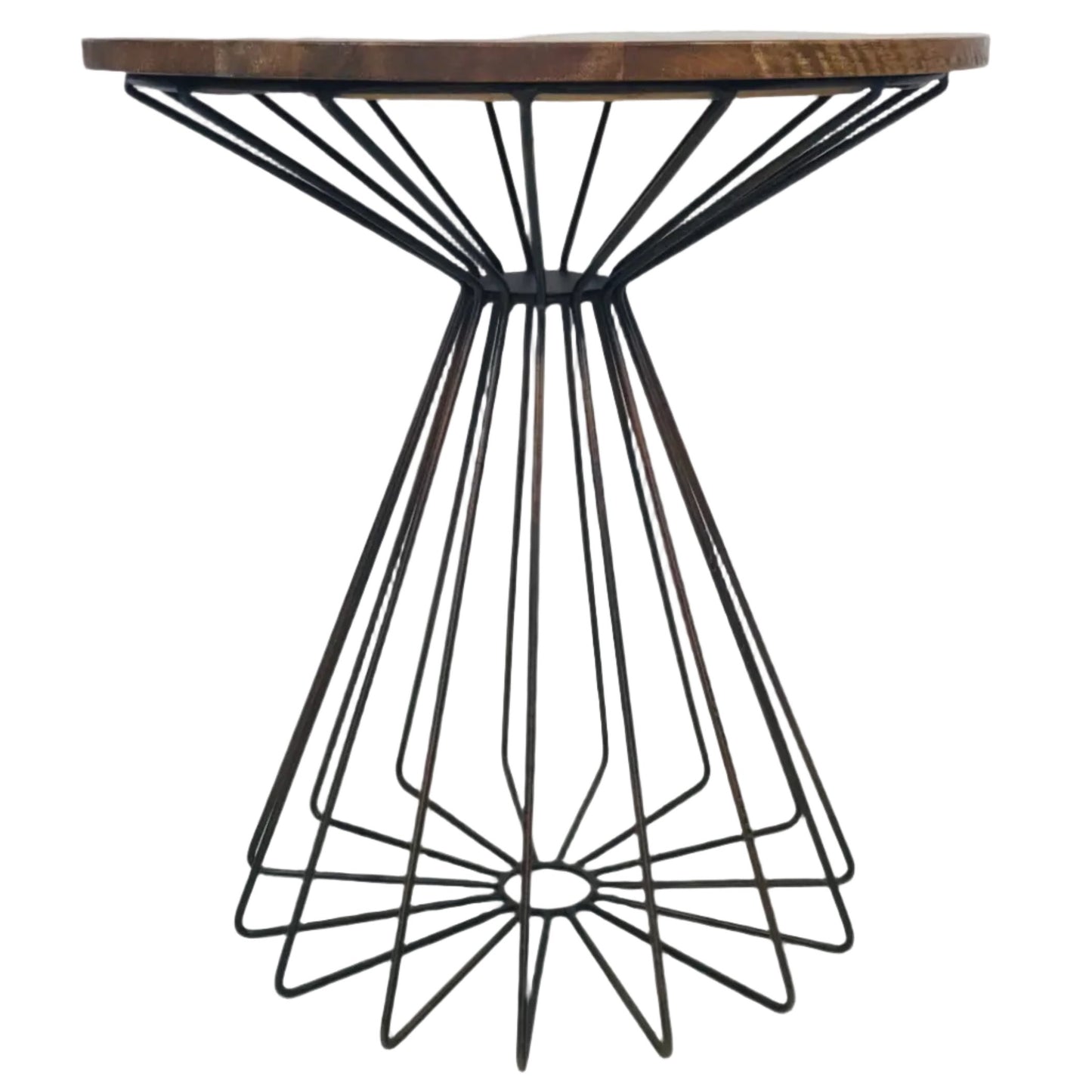 Frontal image of a small round table with a wooden top and metal geometric base on a white background