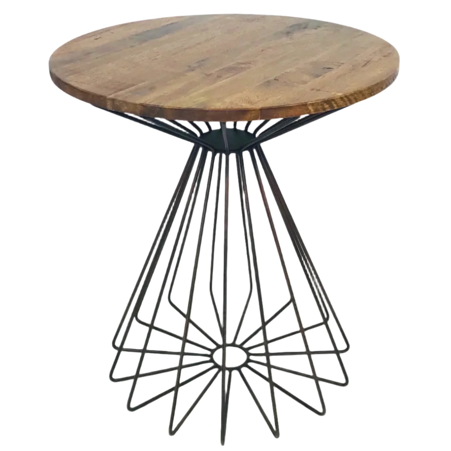 Small round wooden table with a black metal base on a white background