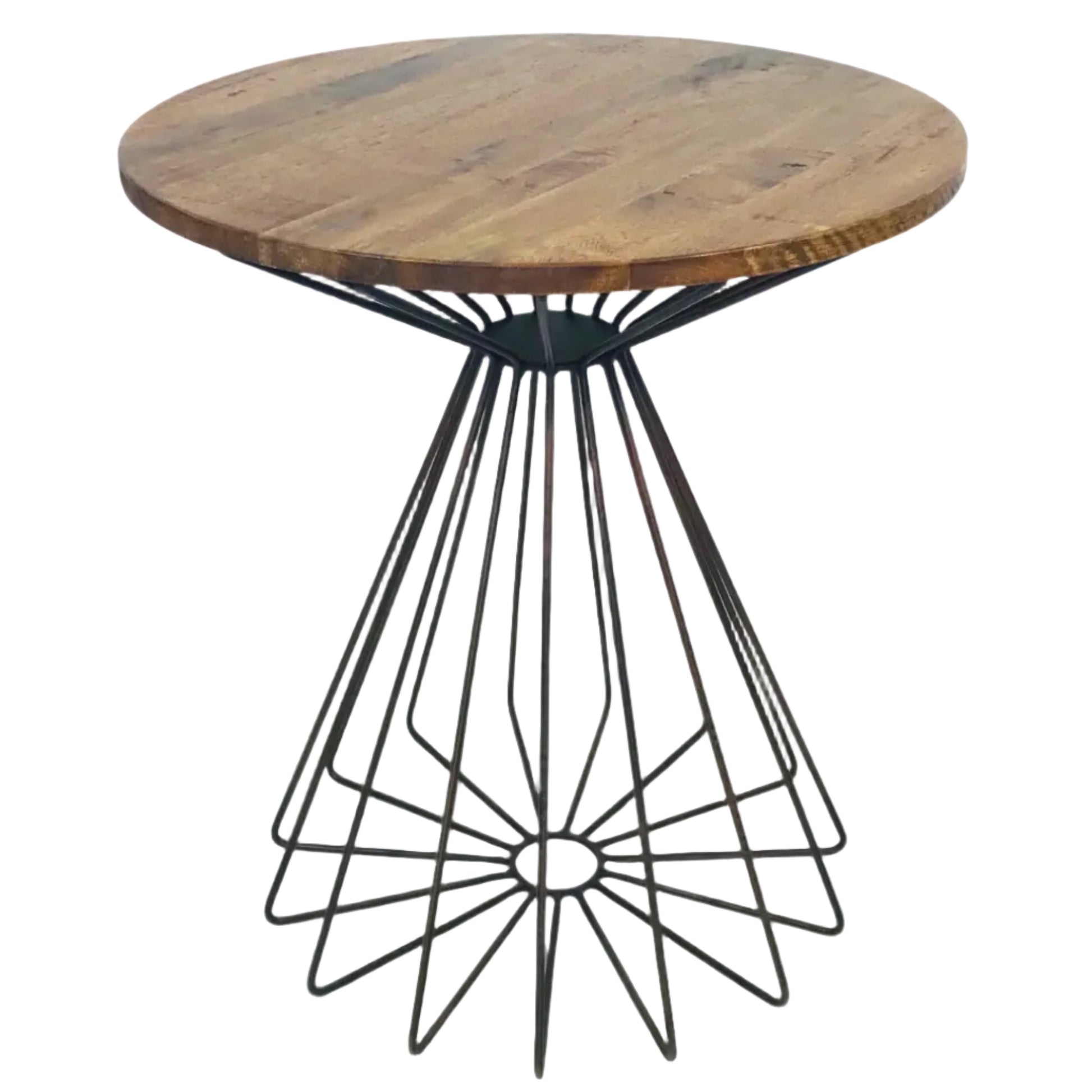 Small round wooden table with a black metal base on a white background