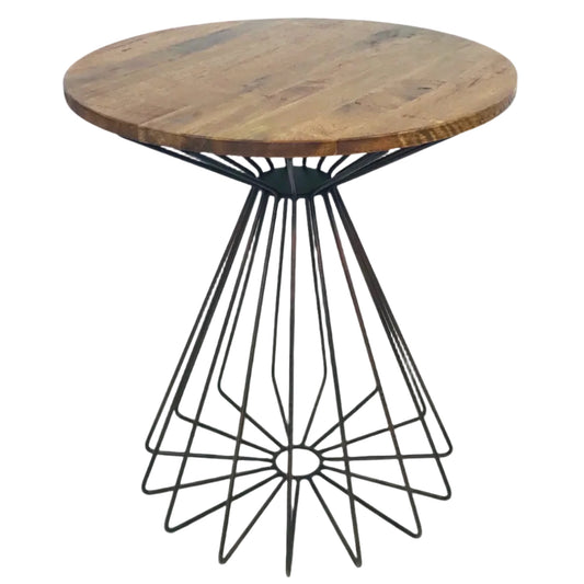 Small round wooden table with a black metal base on a white background