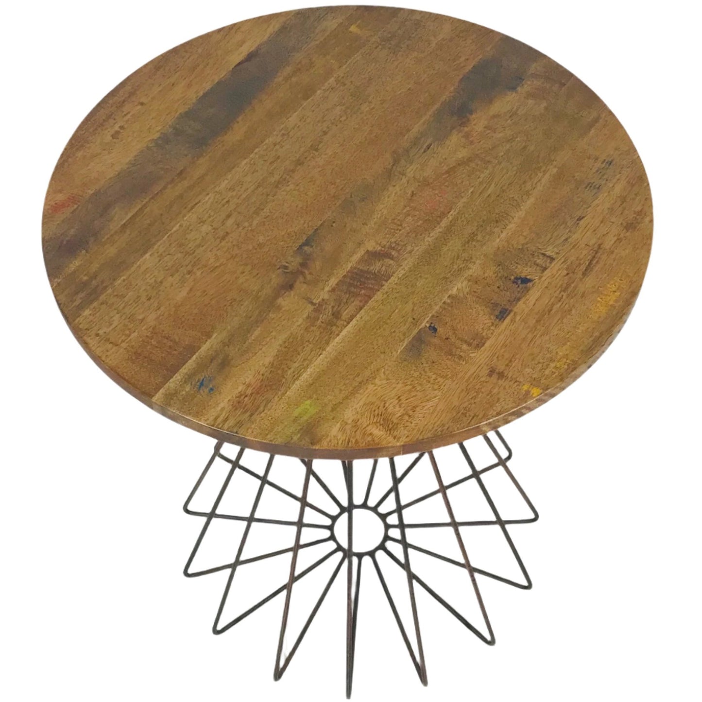 Top down view of a round wooden table with a metal base on a white background