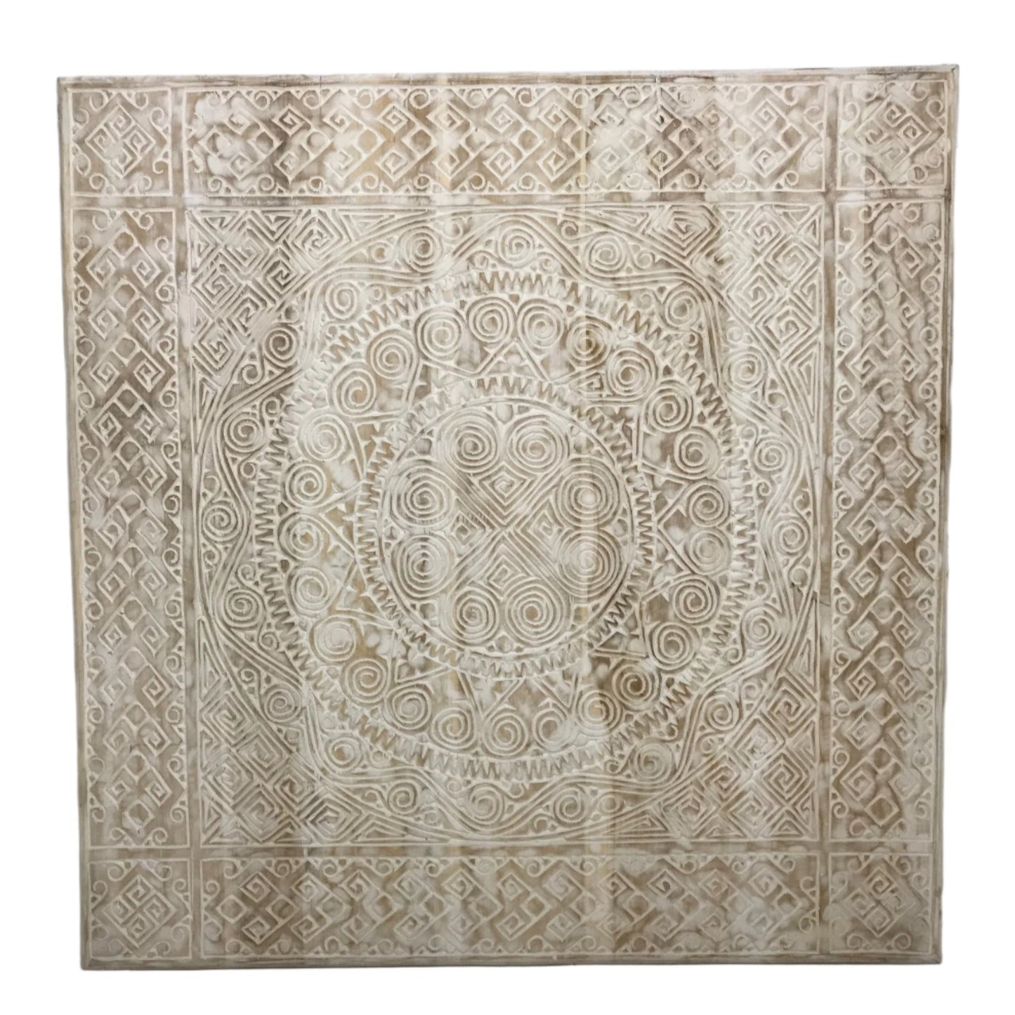 Square 90x90cm hand-carved timber panel with whitewash finish, featuring a central mandala medallion surrounded by Toraja-inspired spiral, diamond lattice and Greek key border motifs, Bali.