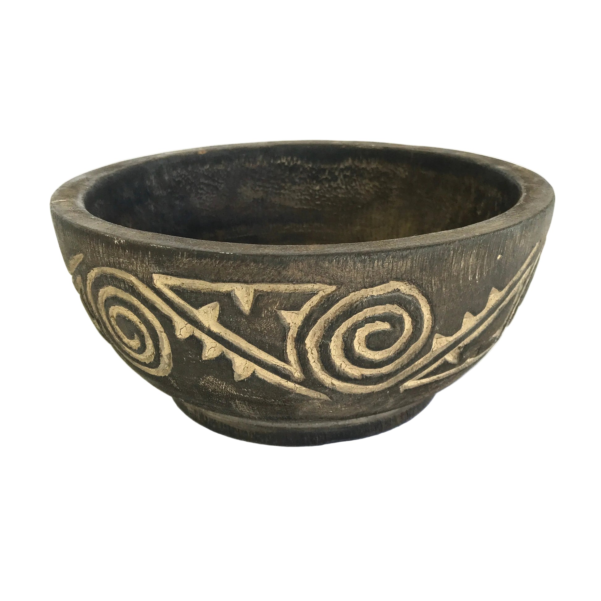 Carved coconut bowl with decorative patterns and a black/brown wash, on a white background.