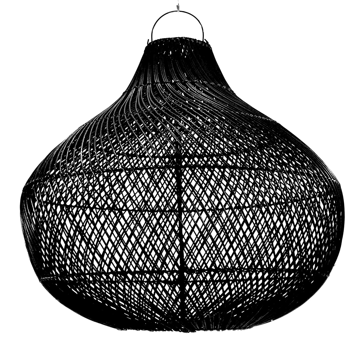 A black rattan drop pendant ceiling light fixture with a geometric pattern.