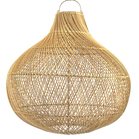 A natural rattan drop pendant ceiling light fixture with a geometric pattern shown against a white background.