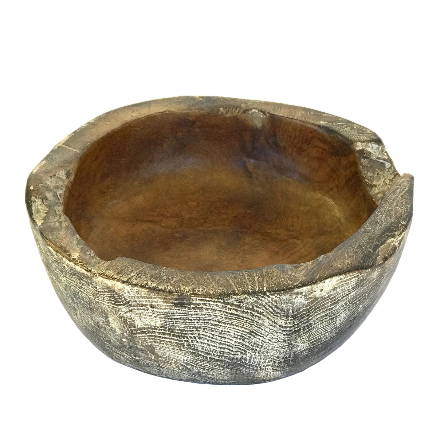 A handcarved Indonesian teak bowl with a natural brown wash color and visible wood grain, measuring approximately 30cm x 9.5cm.