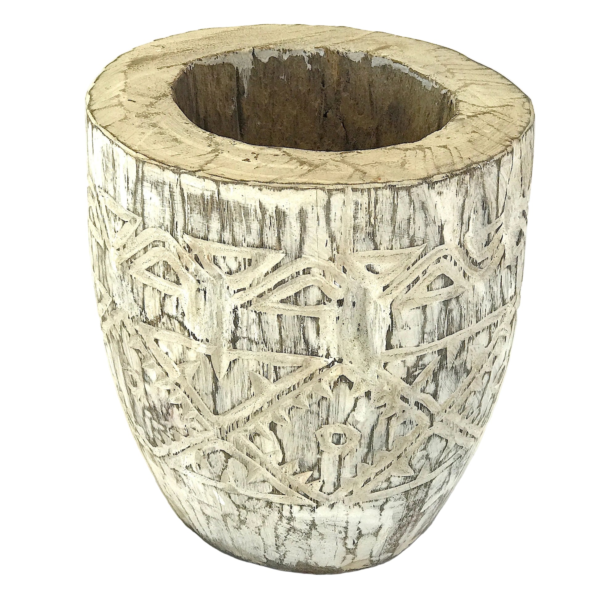 Decorative Kassai Tribal pot with carvings on a white background