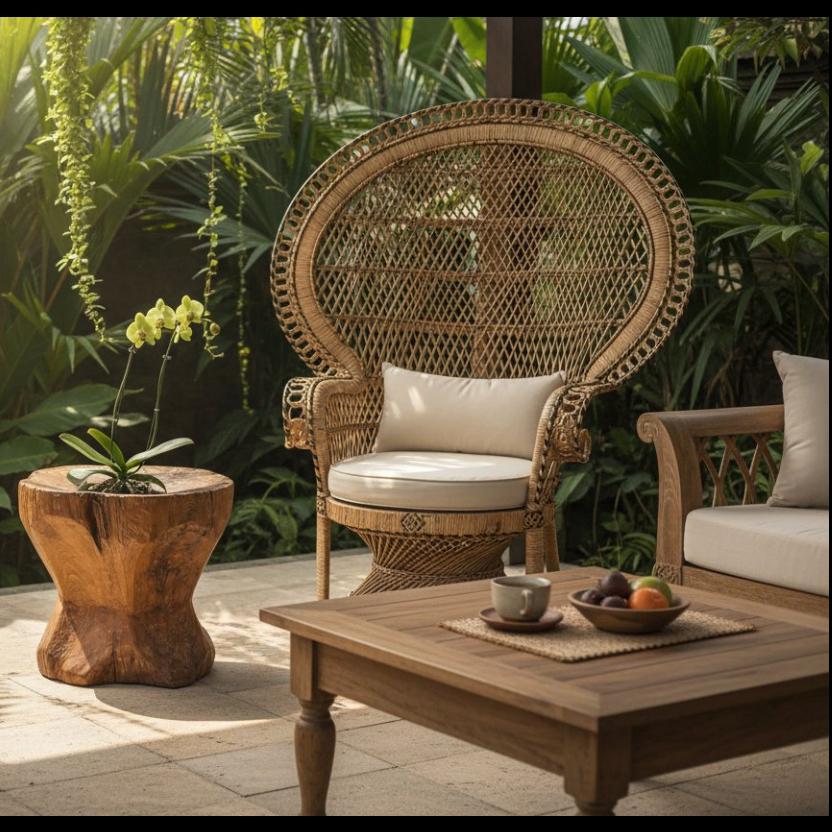 Hand-carved vintage Indonesian teak wood grinder with orchid, next to a peacock chair and outdoor setting on a patio.